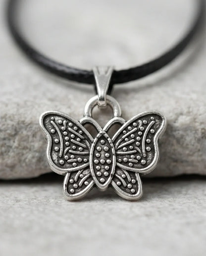 Silver Textured Butterfly Pendant Necklace