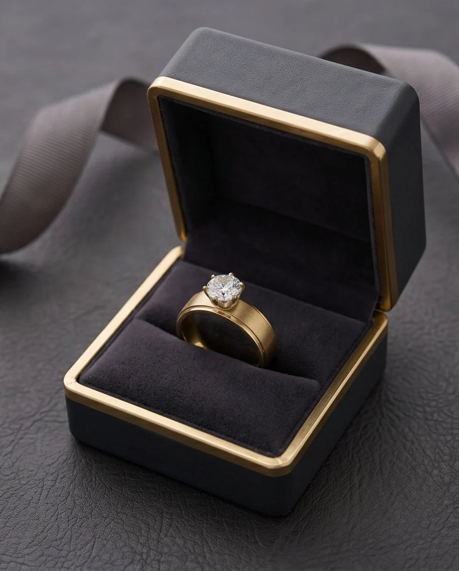 Gold Round Gemstone Brushed Solitaire Ring