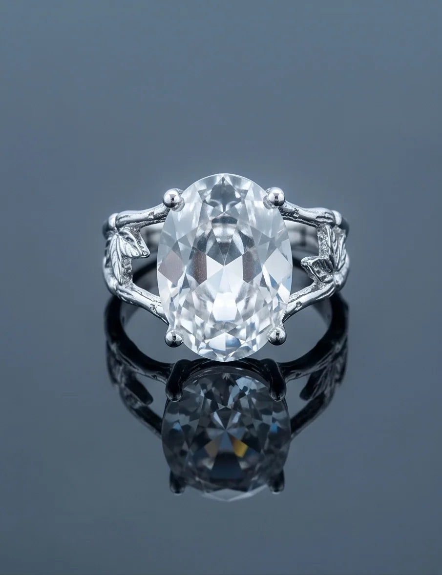 Silver Oval Quartz Botanical Solitaire Ring