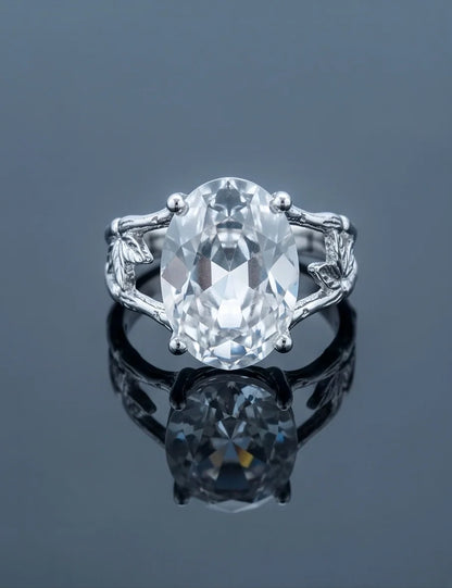 Silver Oval Quartz Botanical Solitaire Ring