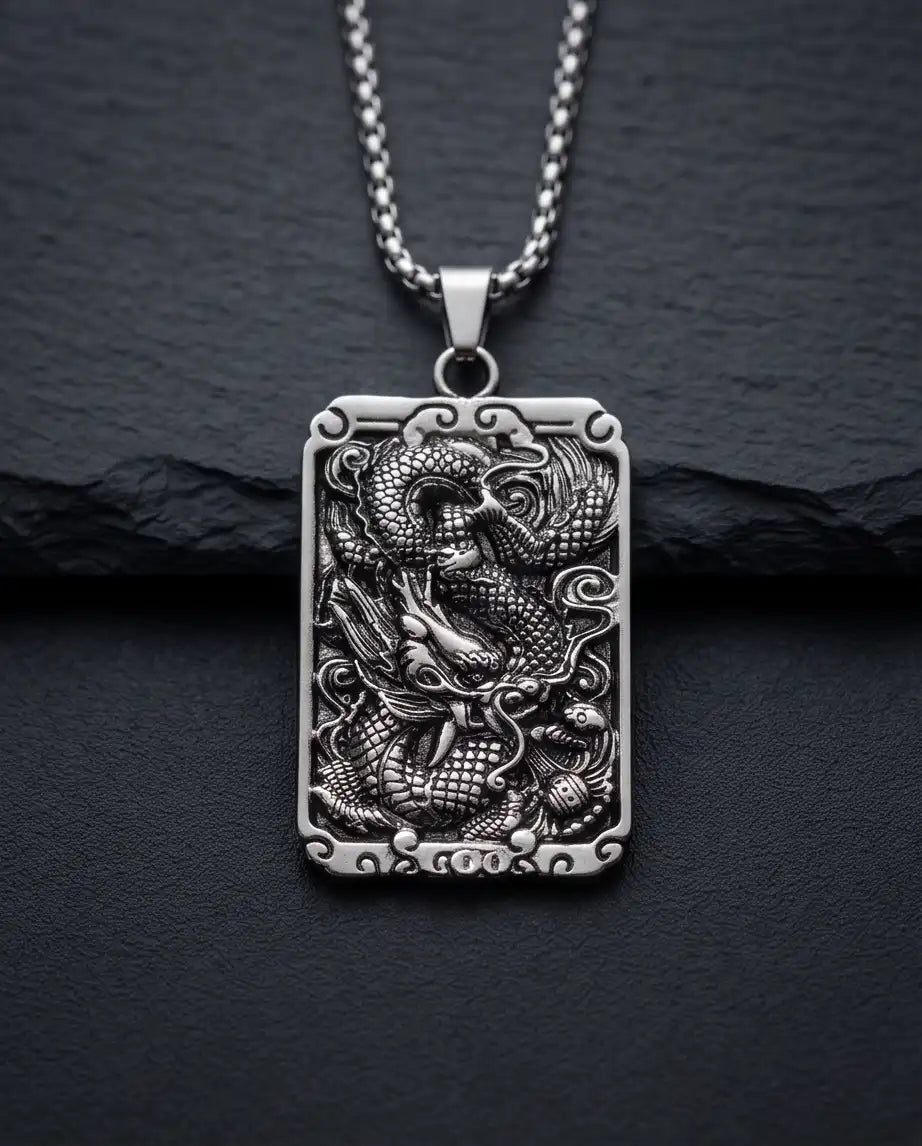 Mythological Dragon Rectangle Dog Tag Pendant Box Chain