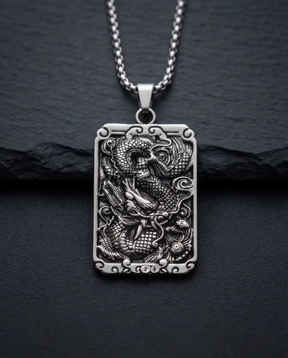Mythological Dragon Rectangle Dog Tag Pendant Box Chain