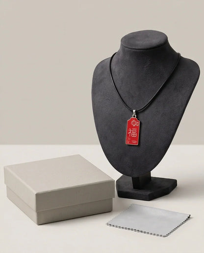 Traditional Red Rectangular "Fu" Blessings Pendant Necklace