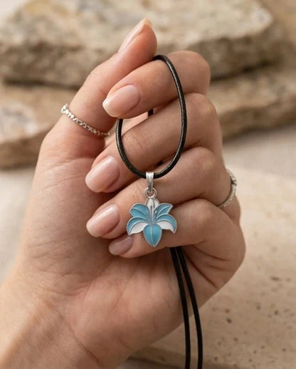 Serene Blue and White Lily Enamel Pendant Necklace