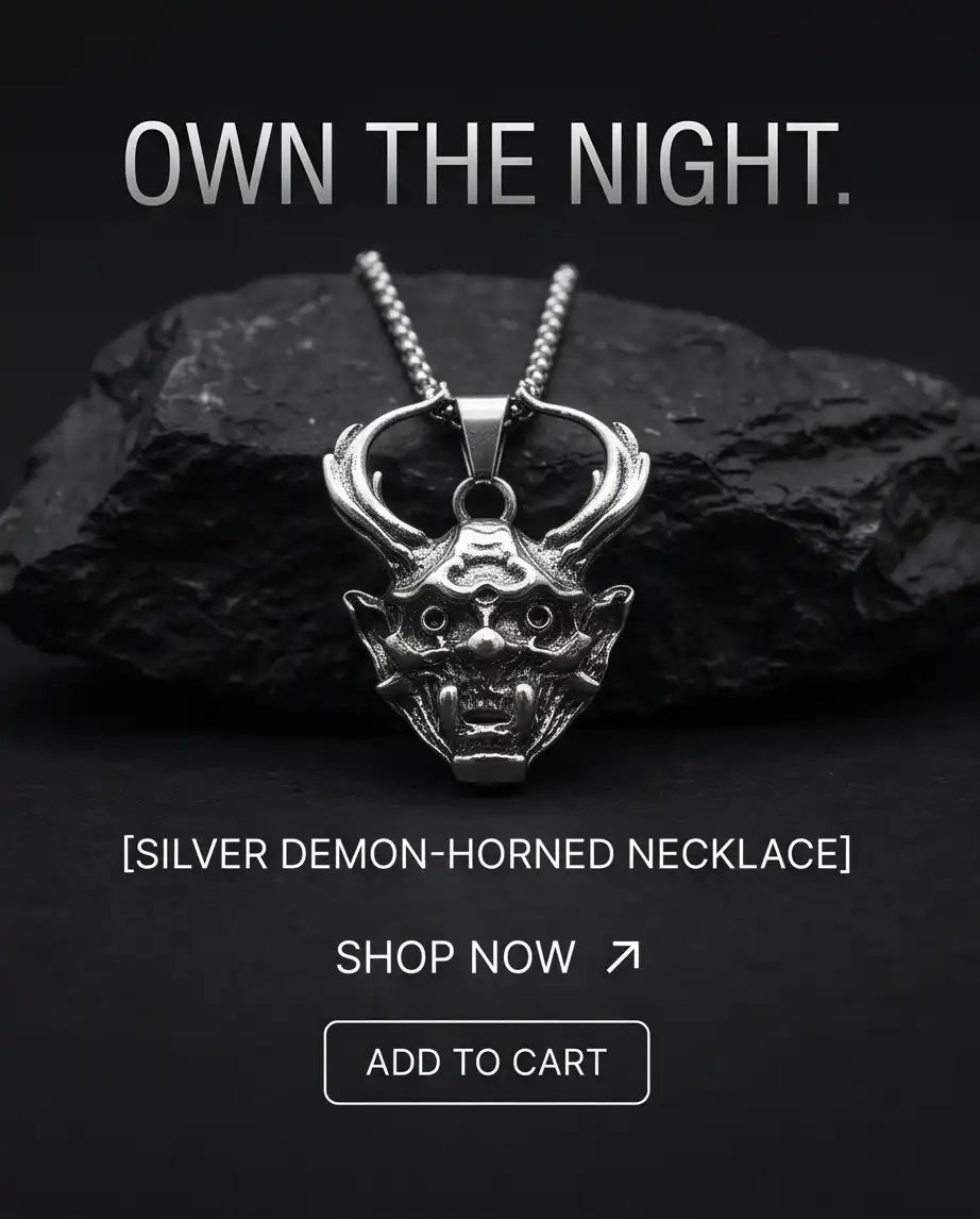 Antiqued Horned Oni Demon Mask Pendant Box Chain