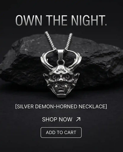 Antiqued Horned Oni Demon Mask Pendant Box Chain