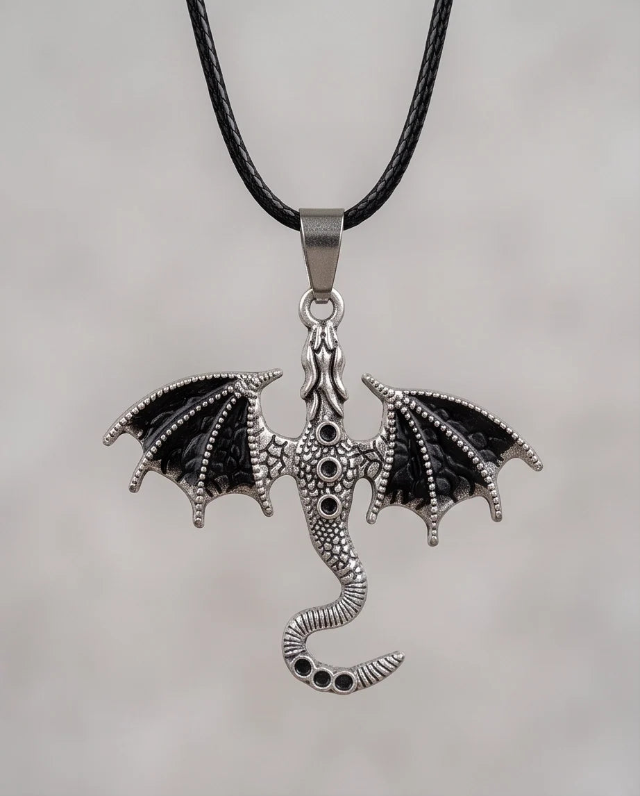Silver Oxidized Dragon Wyvern Pendant Necklace