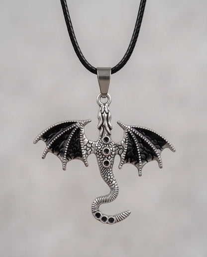 Silver Oxidized Dragon Wyvern Pendant Necklace