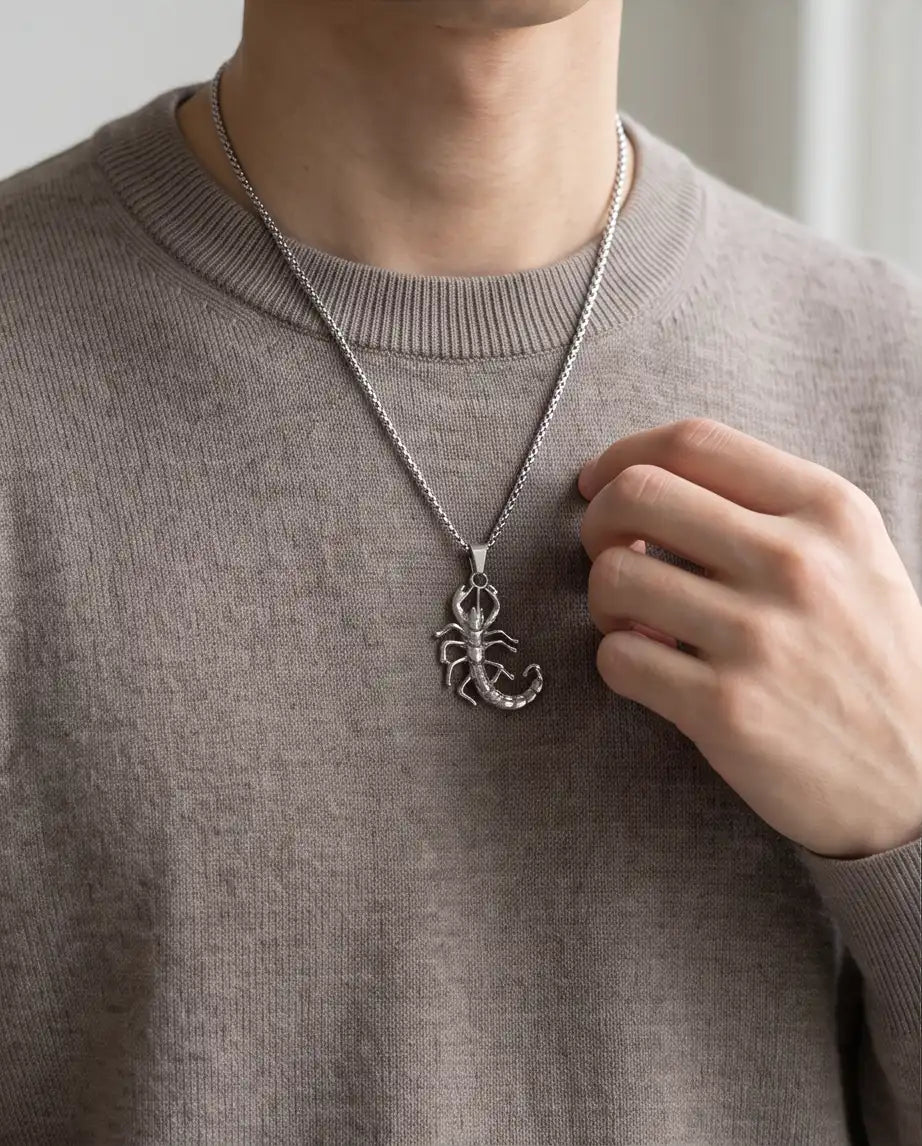 Sculpted Scorpion Pendant Silver Box Chain Necklace