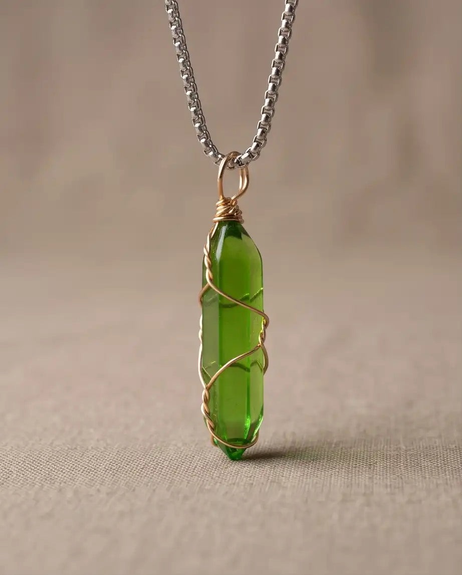 Wire-Wrapped Olive Green Crystal Point Pendant Box Chain