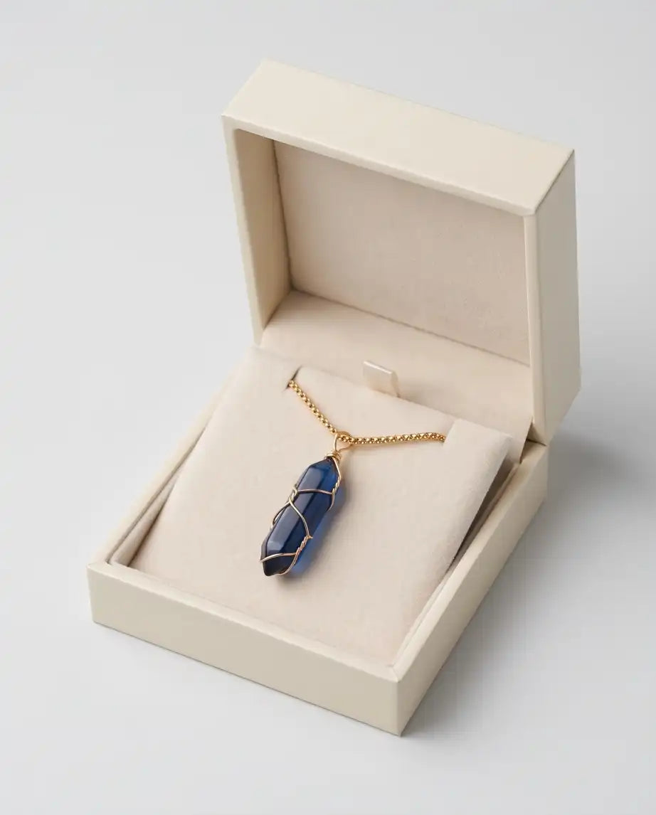 Wire-Wrapped Deep Blue Crystal Point Pendant Box Chain