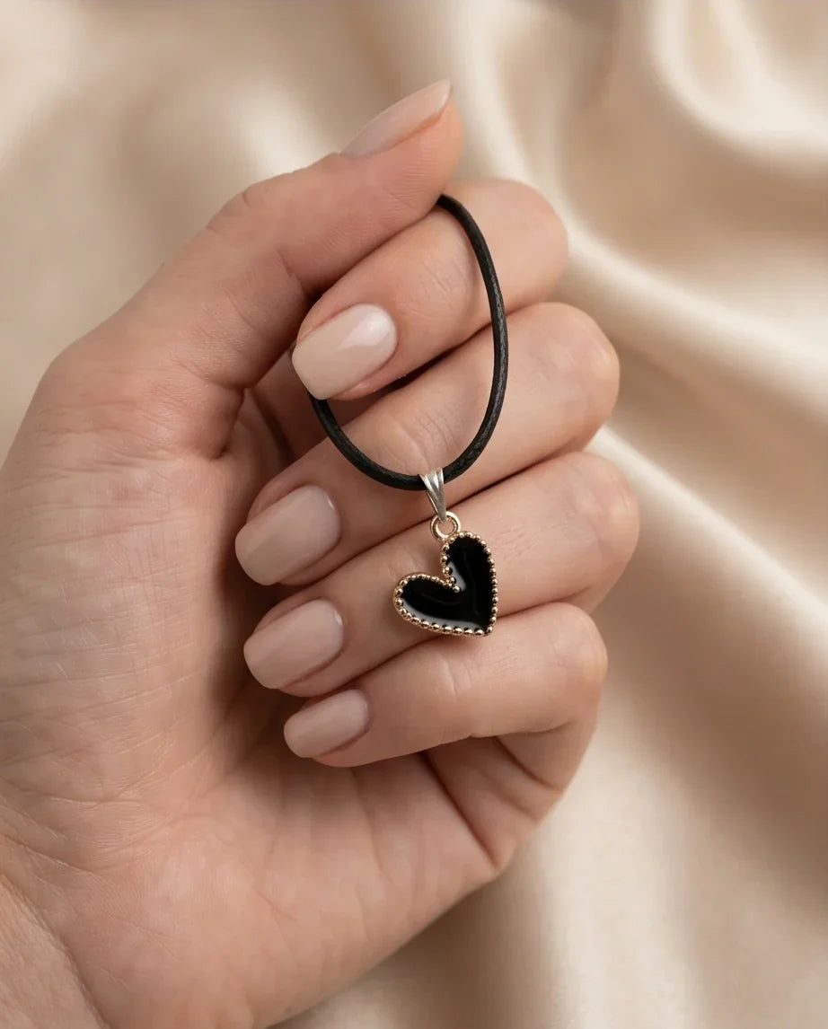 Gold Beaded Black Enamel Heart Necklace