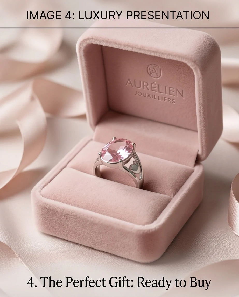 Silver Oval Pink Gemstone Heart Detail Solitaire Ring