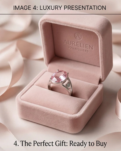 Silver Oval Pink Gemstone Heart Detail Solitaire Ring