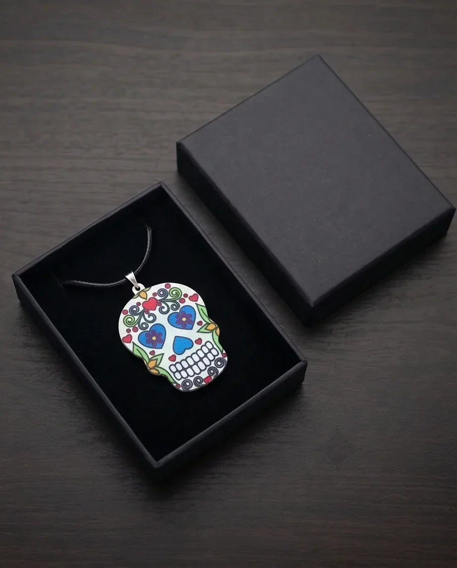 Vibrant White Sugar Skull Día de los Muertos Pendant Necklace