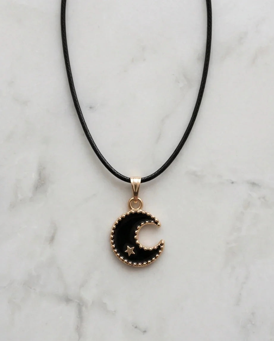 Gold Beaded Crescent Moon and Star Necklace