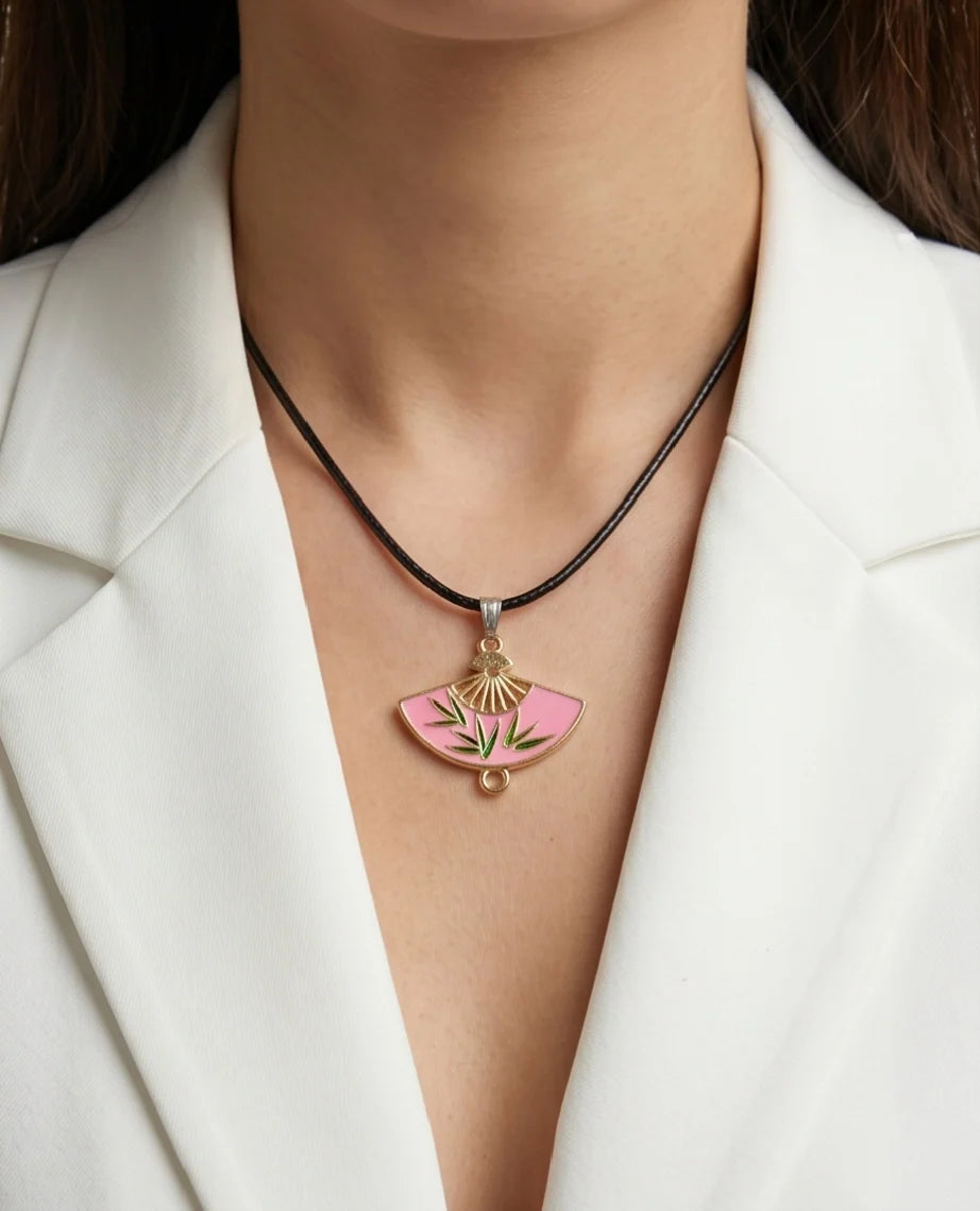 Pink Enamel Bamboo Fan Pendant Necklace