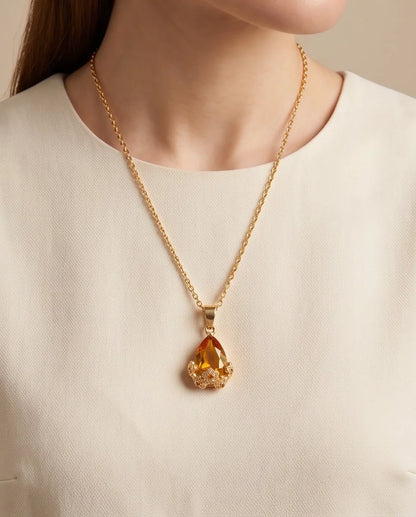 Gold Amber Teardrop Floral Basket Pendant Necklace
