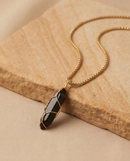Wire-Wrapped Black Obsidian Crystal Point Pendant Box Chain