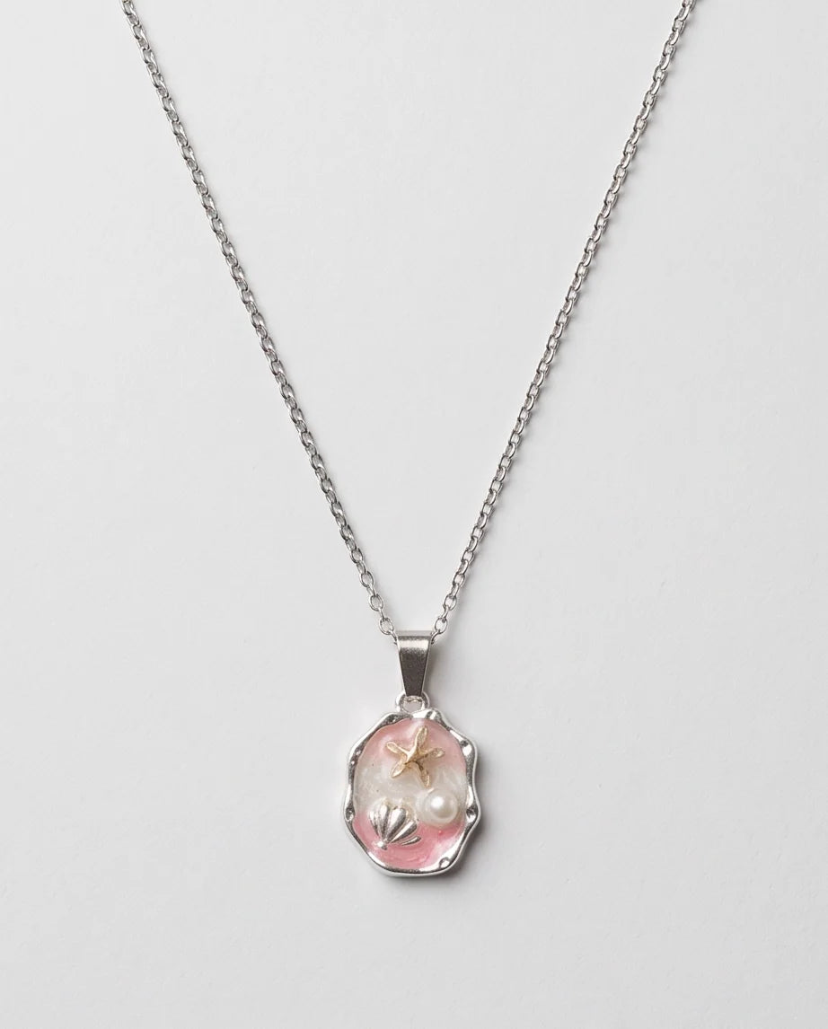 Silver Pink Seashell Starfish Pearl Enamel Medallion Chain Necklace
