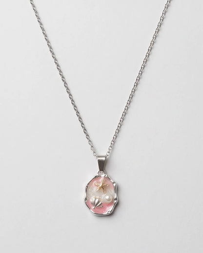 Silver Pink Seashell Starfish Pearl Enamel Medallion Chain Necklace