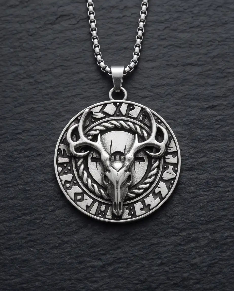 Antiqued Norse Rune Deer Skull Pendant Box Chain