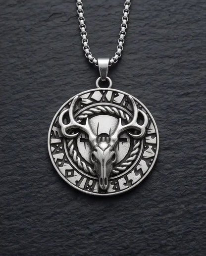 Antiqued Norse Rune Deer Skull Pendant Box Chain