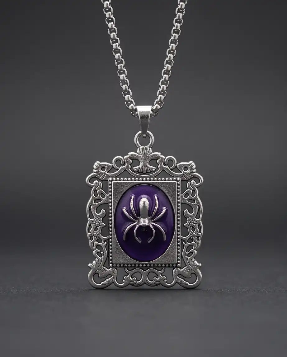 Gothic Purple Enamel Spider Filigree Pendant Box Chain