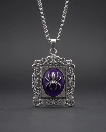 Gothic Purple Enamel Spider Filigree Pendant Box Chain