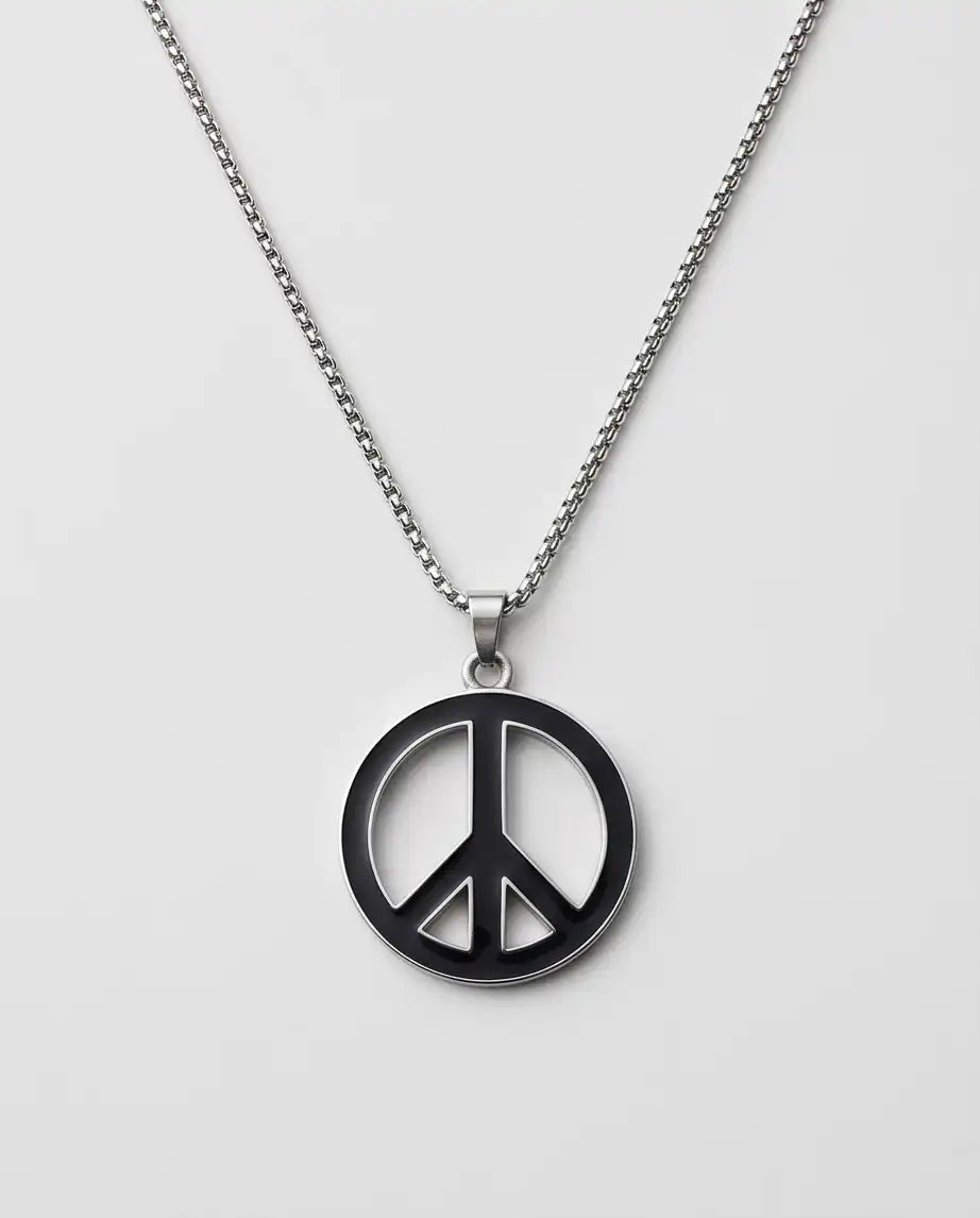 Black Enamel Peace Symbol Medallion Silver Box Chain Necklace