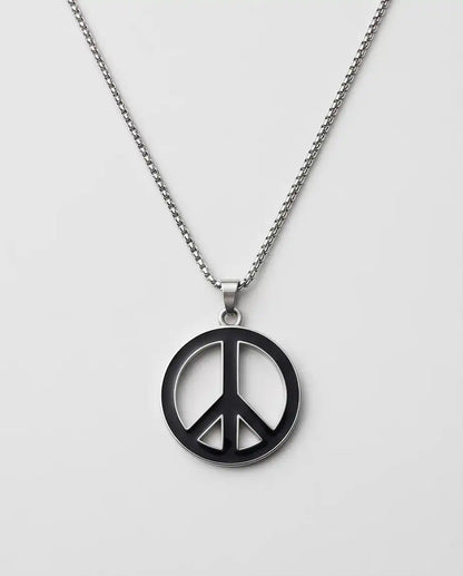 Black Enamel Peace Symbol Medallion Silver Box Chain Necklace
