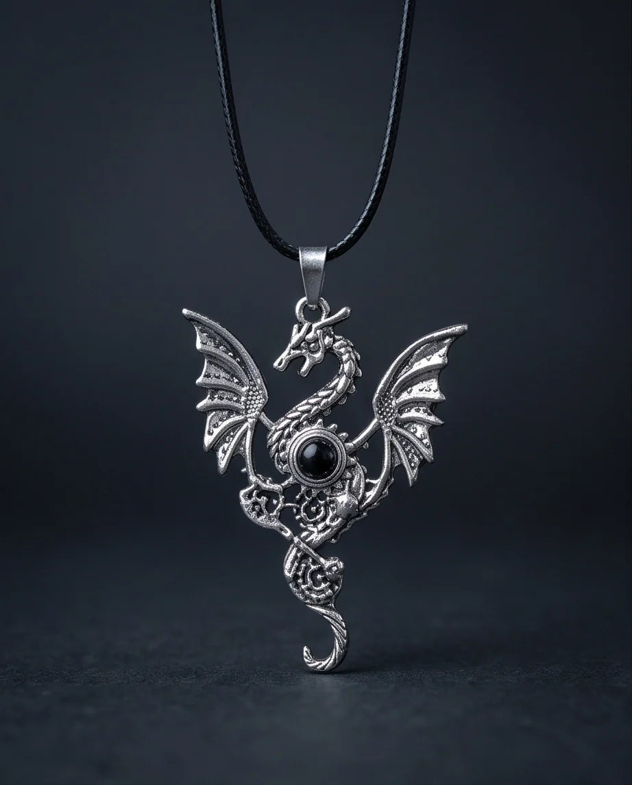 Silver Black Gemstone Dragon Pendant Necklace