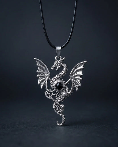 Silver Black Gemstone Dragon Pendant Necklace