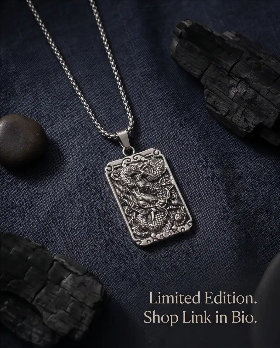 Mythological Dragon Rectangle Dog Tag Pendant Box Chain