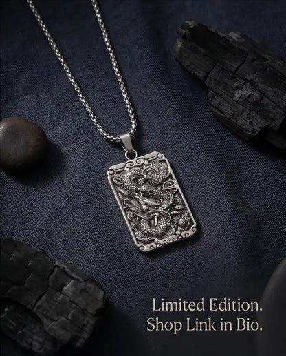 Mythological Dragon Rectangle Dog Tag Pendant Box Chain