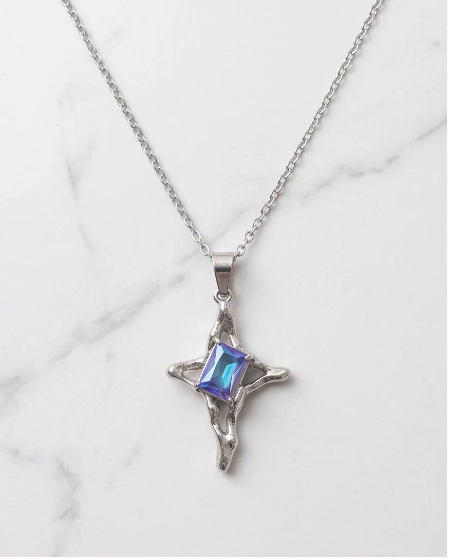 Silver Blue-Purple Gemstone Gothic Cross Pendant Necklace