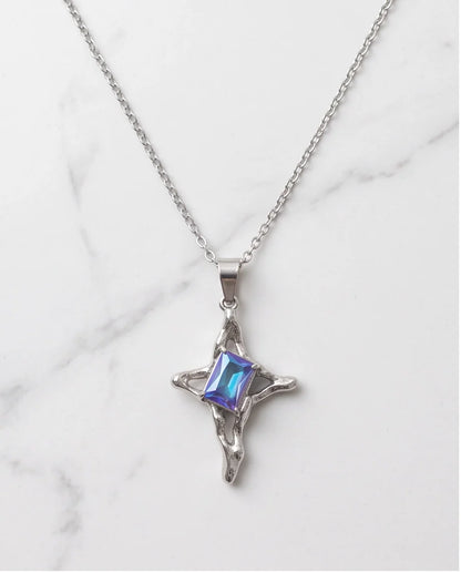 Silver Blue-Purple Gemstone Gothic Cross Pendant Necklace
