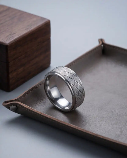 Silver Diamond Texture Grid Band Ring