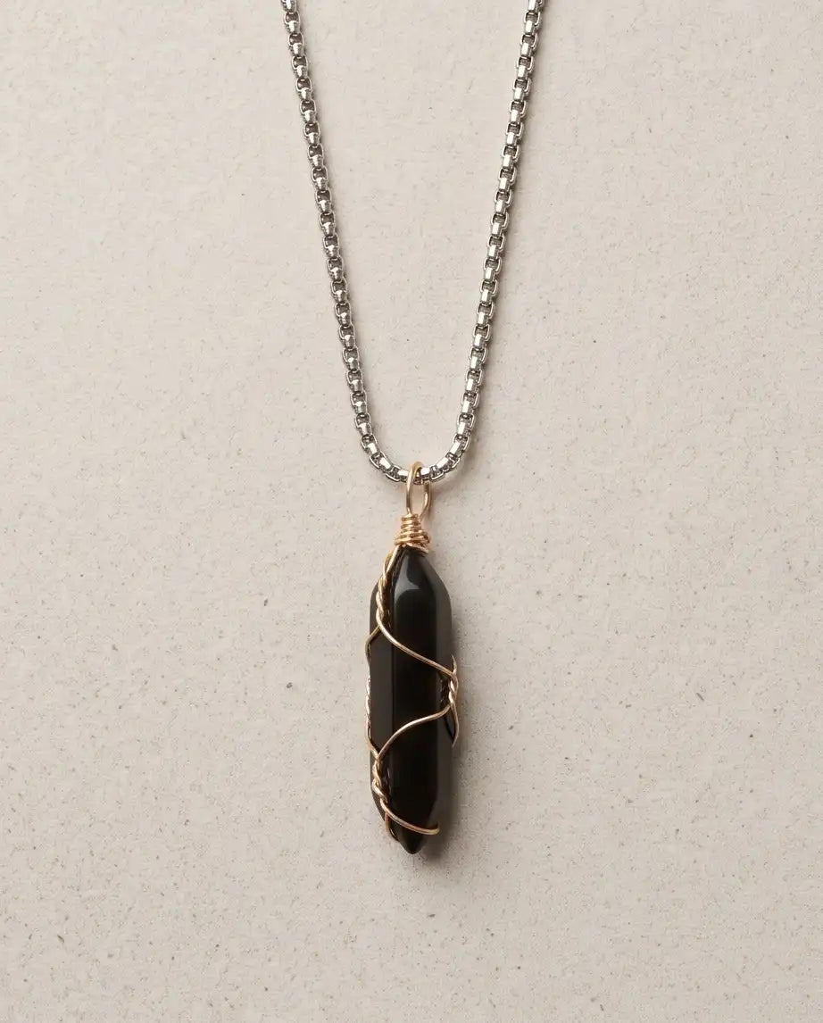 Wire-Wrapped Black Obsidian Crystal Point Pendant Box Chain