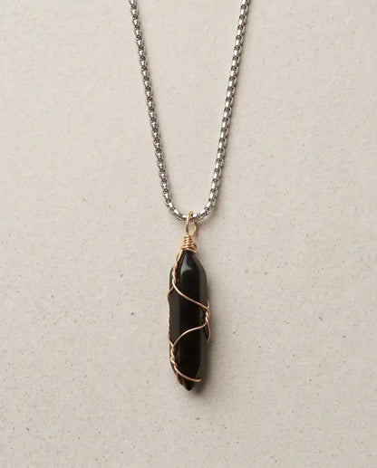 Wire-Wrapped Black Obsidian Crystal Point Pendant Box Chain