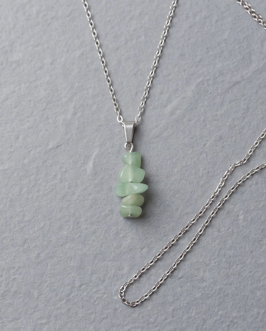 Silver Stacked Raw Green Aventurine Chip Stone Pendant Necklace