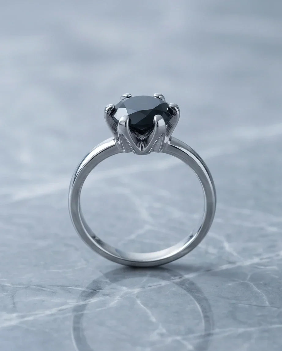 Sterling Silver Round-Cut High Crown Black Solitaire Ring