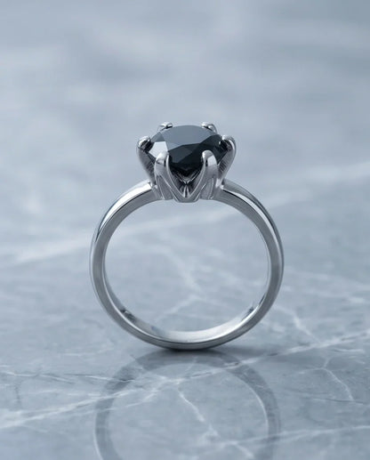 Sterling Silver Round-Cut High Crown Black Solitaire Ring