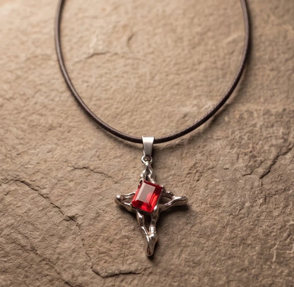 Silver Red Gemstone Gothic Cross Pendant Necklace