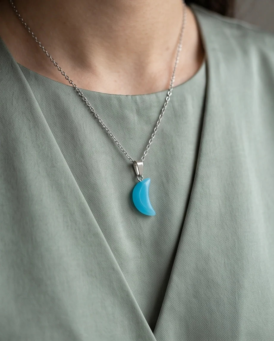Silver Light Blue Crescent Moon Resin Pendant Necklace