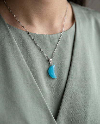 Silver Light Blue Crescent Moon Resin Pendant Necklace