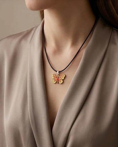 Orange & Yellow Enamel Butterfly Pendant Necklace