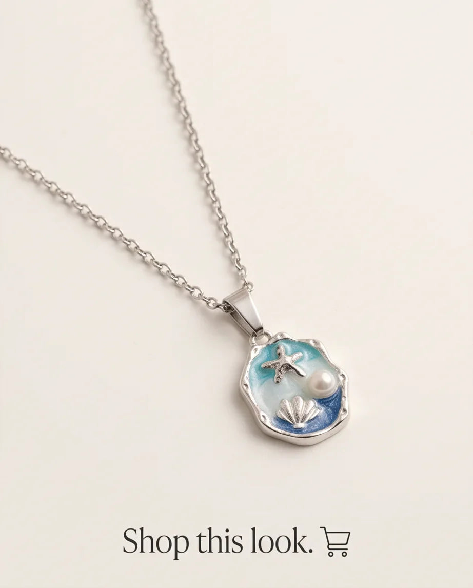 Silver Blue Seashell Starfish Pearl Enamel Medallion Chain Necklace