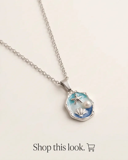 Silver Blue Seashell Starfish Pearl Enamel Medallion Chain Necklace