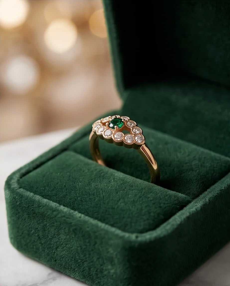 Emerald & Crystal Scalloped Halo Ring